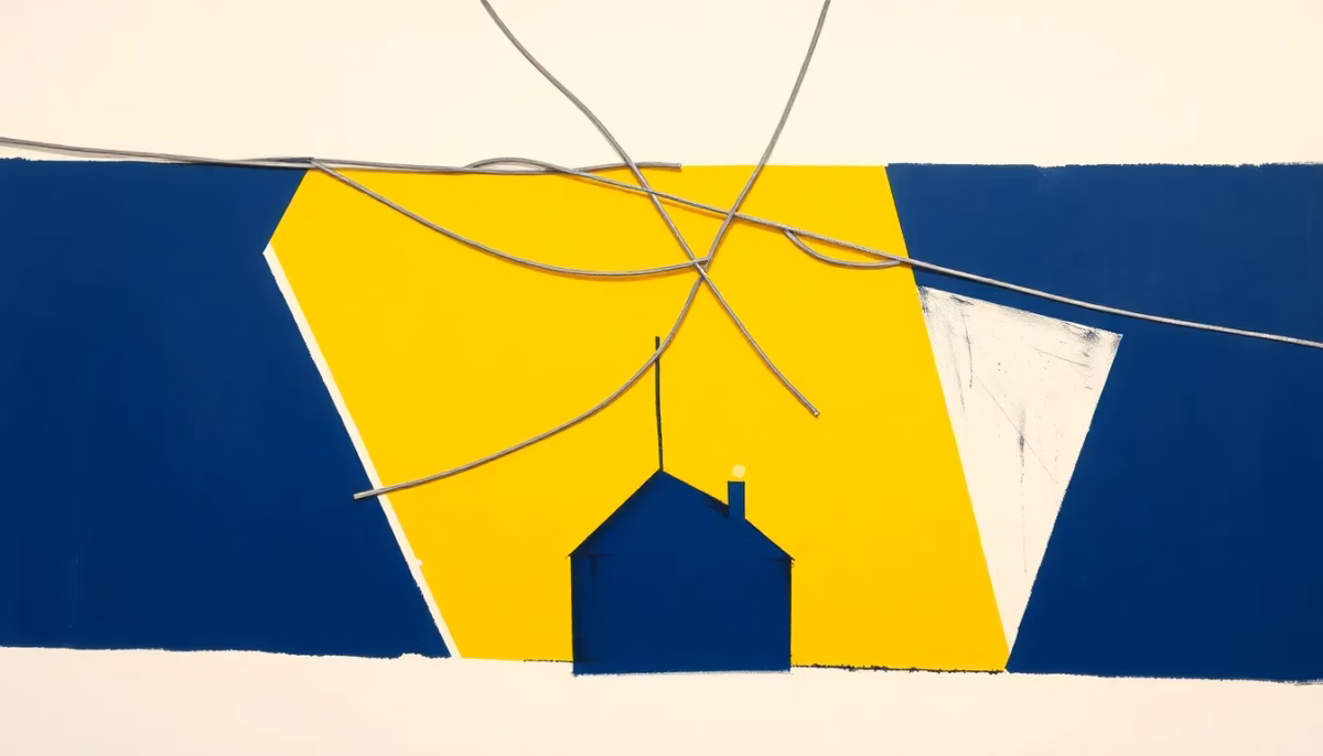 Suprematist abstract painting in the style of Kazimir Malevich featuring tangled silver-grey aluminium electrical wires crossing over a small geometric house silhouette with one glowing connection point. Minimalist composition of bold navy blue and vibrant yellow geometric shapes on a stark white background. Flat textures, sharp edges, avant-garde electrical concept. ##no humans##, ##no text##