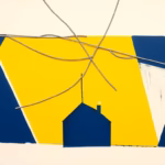 Suprematist abstract painting in the style of Kazimir Malevich featuring tangled silver-grey aluminium electrical wires crossing over a small geometric house silhouette with one glowing connection point. Minimalist composition of bold navy blue and vibrant yellow geometric shapes on a stark white background. Flat textures, sharp edges, avant-garde electrical concept. ##no humans##, ##no text##