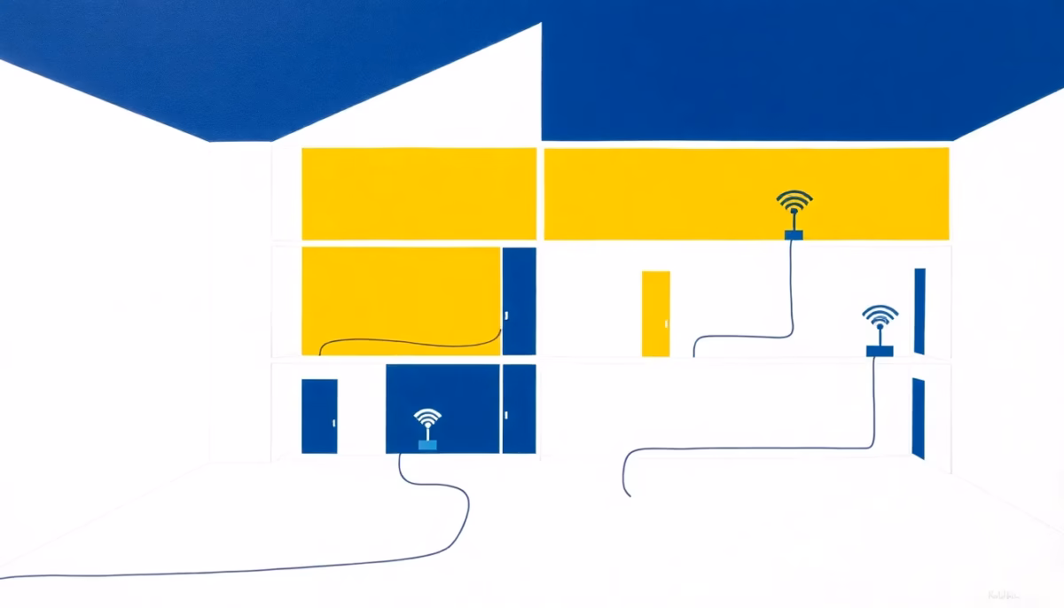 Suprematist abstract painting in the style of Kazimir Malevich depicting a wired home network, with Ethernet cables linking geometric WiFi access points across the floors of a large house. Minimalist composition of bold navy blue and vibrant yellow geometric shapes on a stark white background. Flat textures, sharp edges, avant-garde electrical concept. No humans, no text.