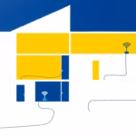 Suprematist abstract painting in the style of Kazimir Malevich depicting a wired home network, with Ethernet cables linking geometric WiFi access points across the floors of a large house. Minimalist composition of bold navy blue and vibrant yellow geometric shapes on a stark white background. Flat textures, sharp edges, avant-garde electrical concept. No humans, no text.