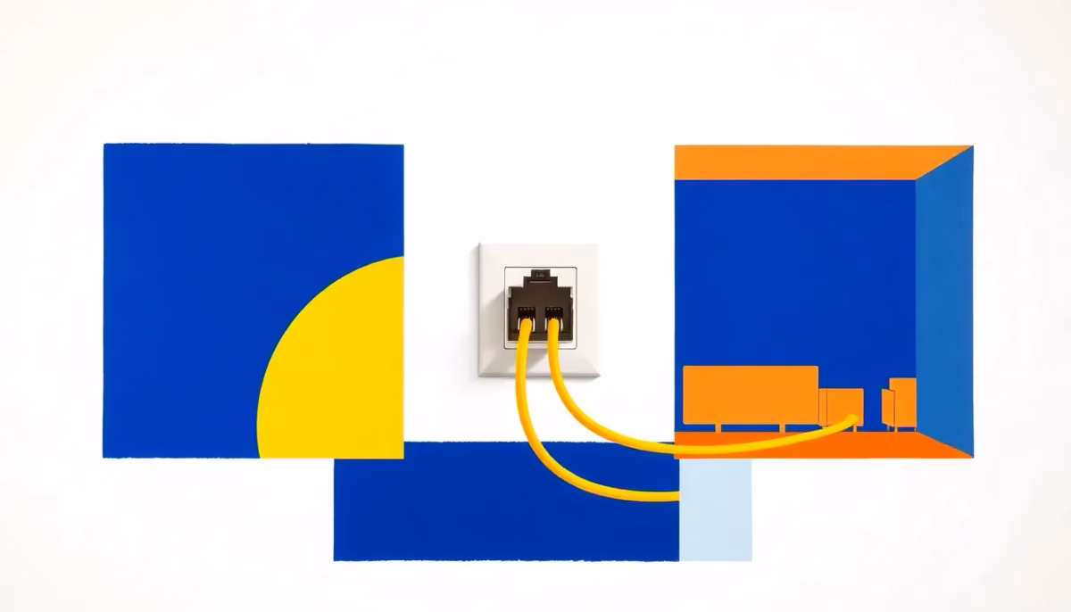 Suprematist abstract painting in the style of Kazimir Malevich featuring a wall-mounted RJ45 network socket with ethernet cables radiating to the rooms of a minimalist house. Minimalist composition of bold navy blue and vibrant yellow geometric shapes on a stark white background. Flat textures, sharp edges, avant-garde electrical concept, no humans, no text.
