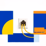 Suprematist abstract painting in the style of Kazimir Malevich featuring a wall-mounted RJ45 network socket with ethernet cables radiating to the rooms of a minimalist house. Minimalist composition of bold navy blue and vibrant yellow geometric shapes on a stark white background. Flat textures, sharp edges, avant-garde electrical concept, no humans, no text.