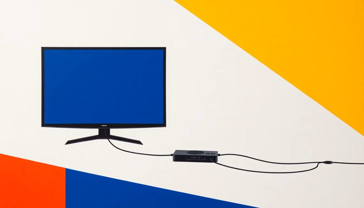 Suprematist abstract painting in the style of Kazimir Malevich featuring a television screen, a game console and network cables crossing as bold geometric blocks. Minimalist composition of bold navy blue and vibrant yellow geometric shapes on a stark white background. Flat textures, sharp edges, avant-garde electrical concept. No humans, no text.