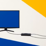 Suprematist abstract painting in the style of Kazimir Malevich featuring a television screen, a game console and network cables crossing as bold geometric blocks. Minimalist composition of bold navy blue and vibrant yellow geometric shapes on a stark white background. Flat textures, sharp edges, avant-garde electrical concept. No humans, no text.