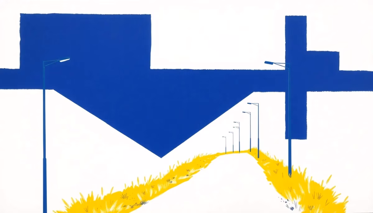 Suprematist abstract painting in the style of Kazimir Malevich depicting a buried electrical cable protection system running along a farm access path lined with street lamps. Minimalist composition of bold navy blue and vibrant yellow geometric shapes, with a strong red accent evoking a protective red conduit and warning tape buried underground, on a stark white background. Flat textures, sharp edges, avant-garde electrical concept. No humans, no text.