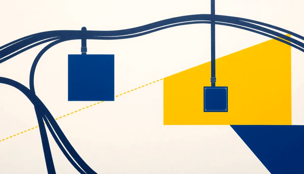 Suprematist abstract painting by Kazimir Malevich featuring underground cable conduits and a fiber optic junction box. Minimalist composition of bold navy blue and vibrant yellow geometric shapes on a stark white background. Flat textures, sharp edges, avant-garde electrical concept. No humans, no text.