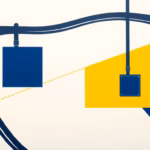 Suprematist abstract painting by Kazimir Malevich featuring underground cable conduits and a fiber optic junction box. Minimalist composition of bold navy blue and vibrant yellow geometric shapes on a stark white background. Flat textures, sharp edges, avant-garde electrical concept. No humans, no text.