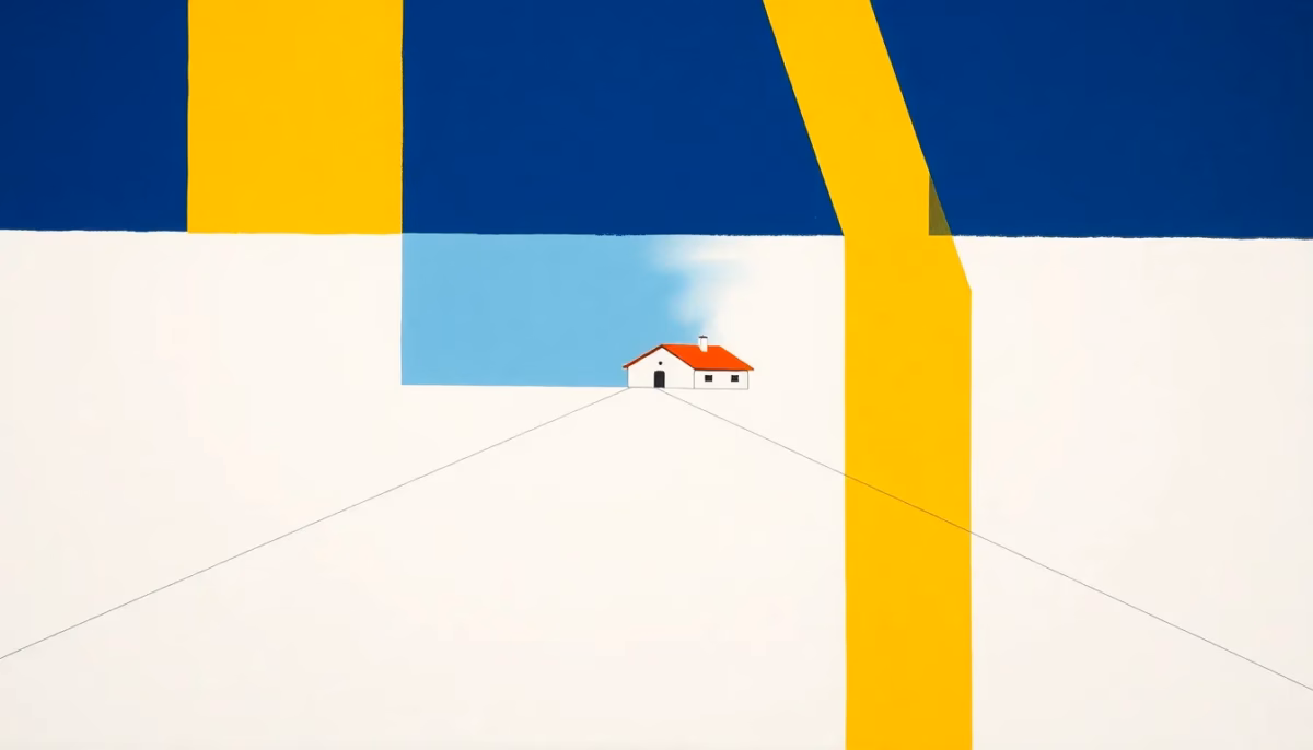 Suprematist abstract painting in the style of Kazimir Malevich depicting a long driveway leading to a distant house, with an intercom panel mounted on a gate post in the foreground and a single bold geometric line connecting the intercom to the house across a 100 meter distance. Minimalist composition of bold navy blue and vibrant yellow geometric shapes on a stark white background. Flat textures, sharp edges, avant-garde electrical concept. No humans, no text overlay.