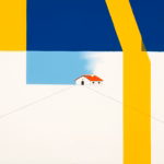Suprematist abstract painting in the style of Kazimir Malevich depicting a long driveway leading to a distant house, with an intercom panel mounted on a gate post in the foreground and a single bold geometric line connecting the intercom to the house across a 100 meter distance. Minimalist composition of bold navy blue and vibrant yellow geometric shapes on a stark white background. Flat textures, sharp edges, avant-garde electrical concept. No humans, no text overlay.