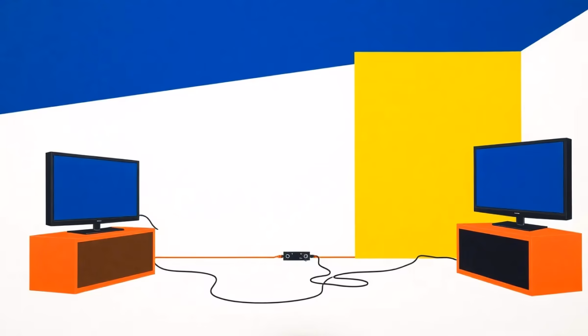 Suprematist abstract painting inspired by Kazimir Malevich, showing several flat-screen televisions placed in different rooms of a house, linked together by bold geometric cable lines representing Ethernet and coaxial wiring, with a coaxial splitter as a central geometric element. Minimalist composition of bold navy blue and vibrant yellow geometric shapes on a stark white background. Flat textures, sharp edges, avant-garde electrical concept. No humans, no text overlay.
