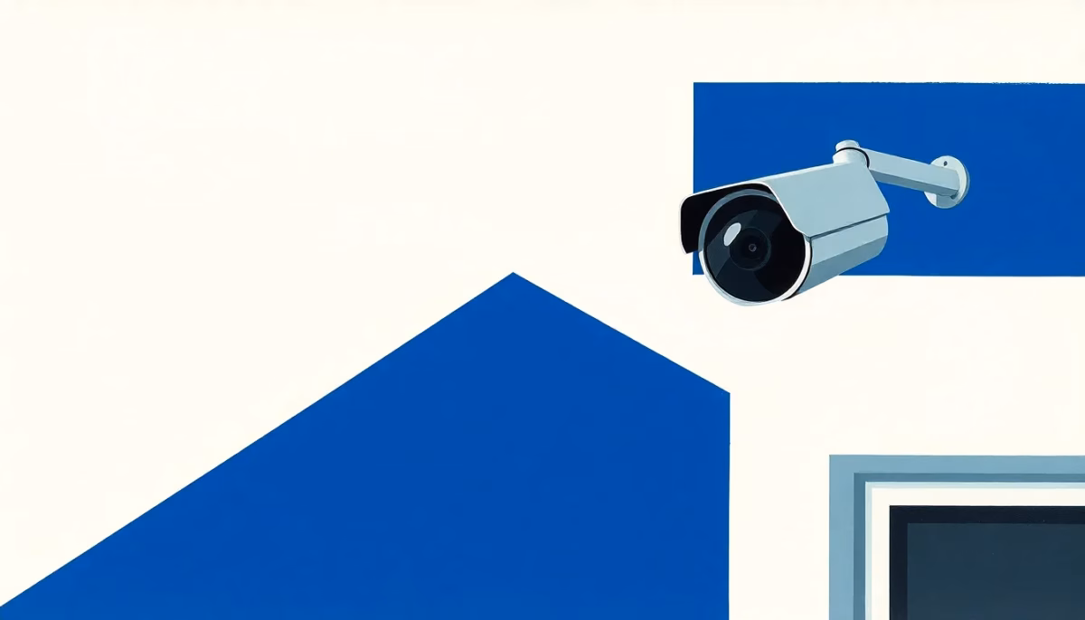 Suprematist abstract painting by Kazimir Malevich featuring a minimalist outdoor surveillance camera fixed on a house corner, with an angular field-of-view beam and a geometric lens circle. Minimalist composition of bold navy blue and vibrant yellow geometric shapes on a stark white background. Flat textures, sharp edges, avant-garde electrical concept. ##no humans##, ##no text##