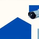 Suprematist abstract painting by Kazimir Malevich featuring a minimalist outdoor surveillance camera fixed on a house corner, with an angular field-of-view beam and a geometric lens circle. Minimalist composition of bold navy blue and vibrant yellow geometric shapes on a stark white background. Flat textures, sharp edges, avant-garde electrical concept. ##no humans##, ##no text##