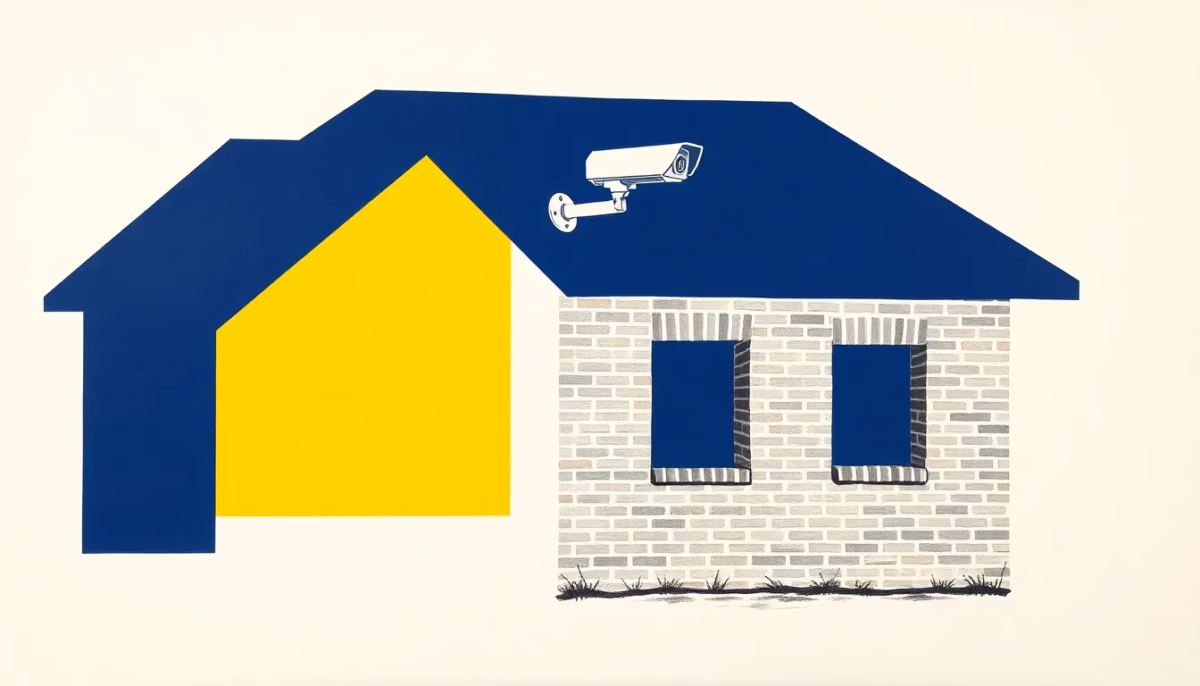 Suprematist abstract painting in the style of Kazimir Malevich showing a surveillance camera mounted on the gable of an isolated rural brick house near Conty, France. Minimalist composition with bold navy blue and vibrant yellow geometric shapes on a stark white background, flat textures, sharp edges, subtle avant-garde electrical lines, no humans, no text overlay, no watermark.