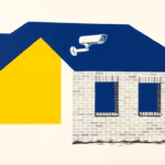 Suprematist abstract painting in the style of Kazimir Malevich showing a surveillance camera mounted on the gable of an isolated rural brick house near Conty, France. Minimalist composition with bold navy blue and vibrant yellow geometric shapes on a stark white background, flat textures, sharp edges, subtle avant-garde electrical lines, no humans, no text overlay, no watermark.