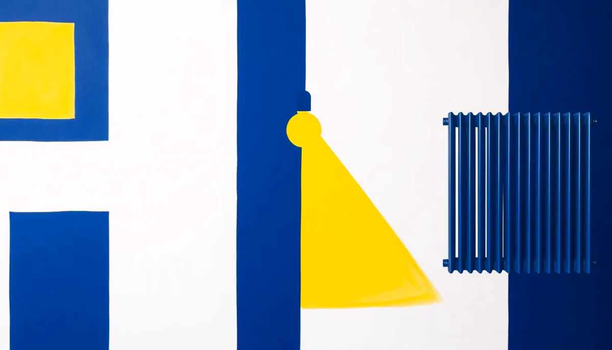 Suprematist abstract painting in the style of Kazimir Malevich featuring a connected smart home hub at the center with radiating geometric lines toward a light bulb and a radiator. Minimalist composition of bold navy blue and vibrant yellow geometric shapes on a stark white background. Flat textures, sharp edges, avant-garde electrical concept. No humans, no text overlay.