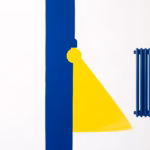 Suprematist abstract painting in the style of Kazimir Malevich featuring a connected smart home hub at the center with radiating geometric lines toward a light bulb and a radiator. Minimalist composition of bold navy blue and vibrant yellow geometric shapes on a stark white background. Flat textures, sharp edges, avant-garde electrical concept. No humans, no text overlay.