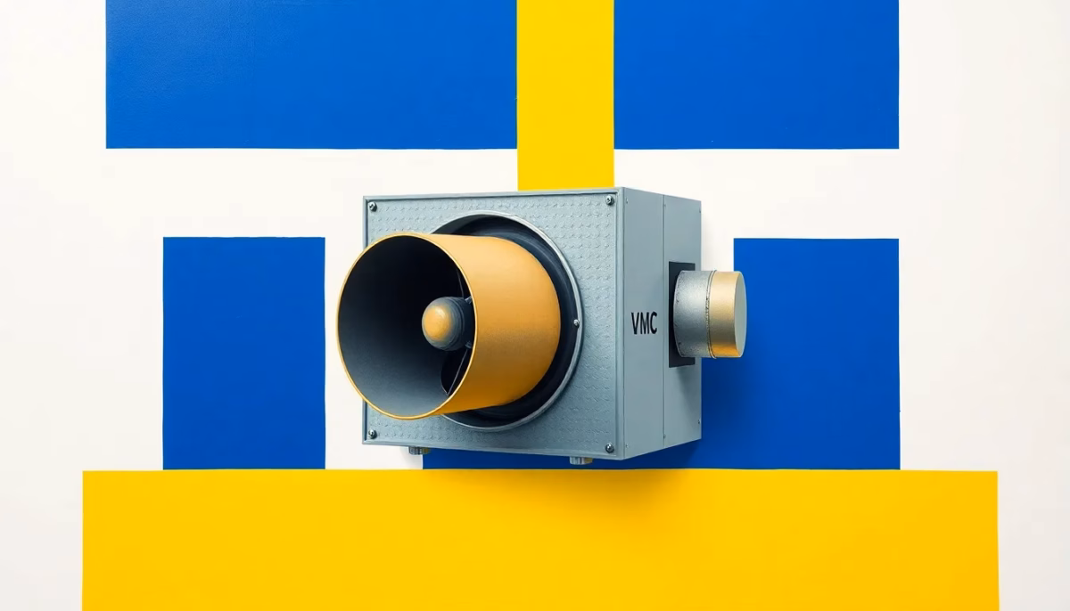 Suprematist abstract painting in the style of Kazimir Malevich featuring a compact VMC ventilation unit with cylindrical air ducts and a rotating extraction fan. Minimalist composition of bold navy blue and vibrant yellow geometric shapes on a stark white background. Flat textures, sharp edges, avant-garde electrical concept. No humans, no text overlay.