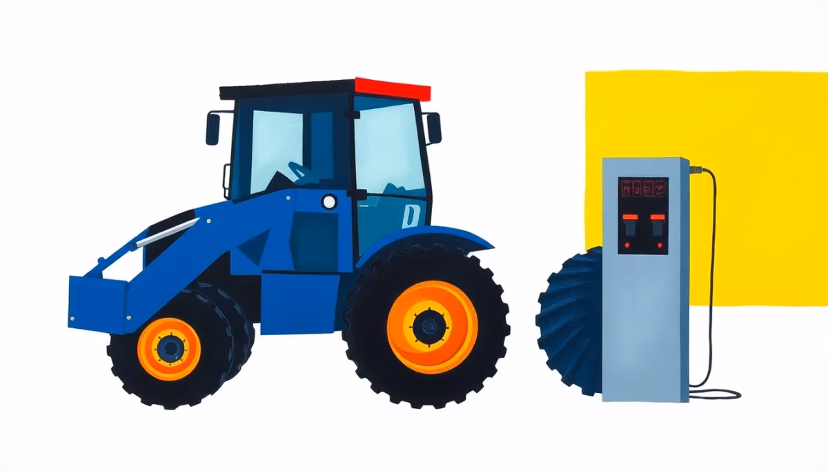 Suprematist abstract painting inspired by Kazimir Malevich featuring a farm tractor with a front loader connected to a battery charger station inside a barn. Minimalist composition of bold navy blue and vibrant yellow geometric shapes on a stark white background. Flat textures, sharp edges, avant-garde electrical concept. No humans, no text overlay.