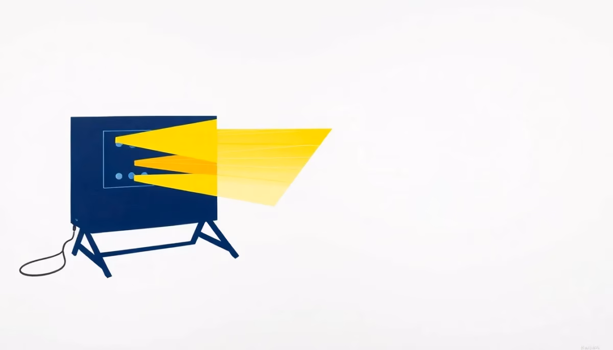 Suprematist abstract painting in the style of Kazimir Malevich featuring a portable electric heater emitting geometric heat waves. Minimalist composition of bold navy blue and vibrant yellow geometric shapes on a stark white background. Flat textures, sharp edges, avant-garde electrical concept. No humans, no text overlay.