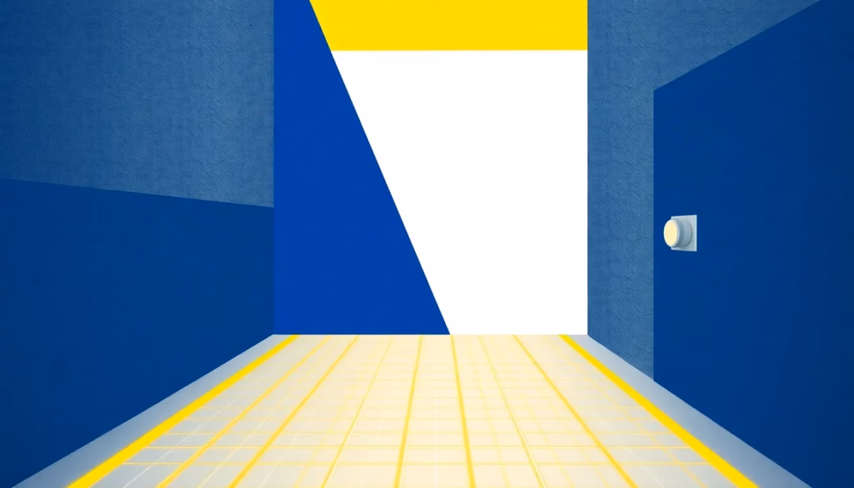 Suprematist abstract painting in the style of Kazimir Malevich featuring a renovated stone barn with a glowing radiant floor heating grid visible inside and a large thermostat dial mounted on the wall. Minimalist composition of bold navy blue and vibrant yellow geometric shapes on a stark white background. Flat textures, sharp edges, avant-garde electrical concept, clean modern illustration. No humans, no text.