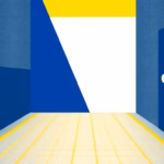 Suprematist abstract painting in the style of Kazimir Malevich featuring a renovated stone barn with a glowing radiant floor heating grid visible inside and a large thermostat dial mounted on the wall. Minimalist composition of bold navy blue and vibrant yellow geometric shapes on a stark white background. Flat textures, sharp edges, avant-garde electrical concept, clean modern illustration. No humans, no text.