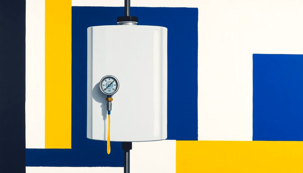 Suprematist abstract painting inspired by Kazimir Malevich depicting a leaking electric water heater with a dripping brass safety valve and a round pressure gauge. Minimalist composition of bold navy blue and vibrant yellow geometric shapes on a stark white background. Flat textures, sharp edges, avant-garde plumbing concept. No humans, no text overlay.