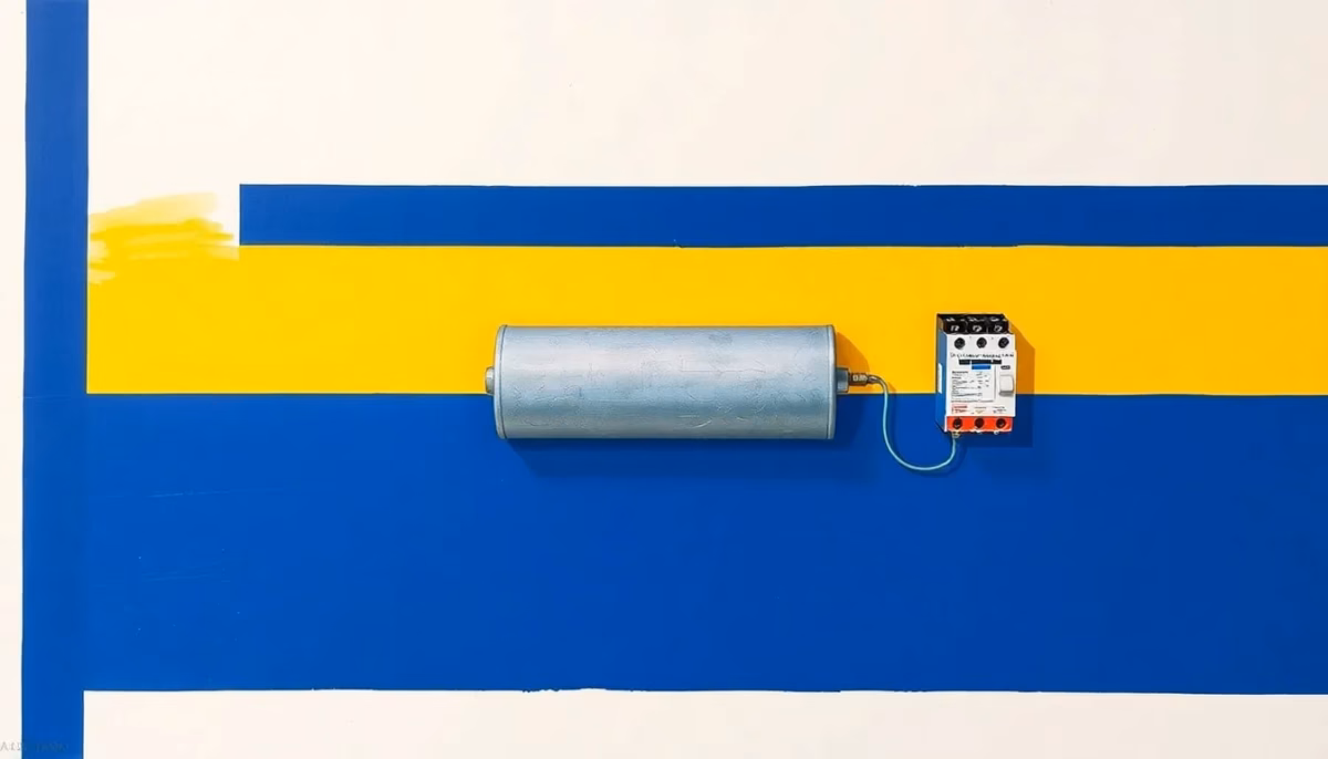 Suprematist abstract painting inspired by Kazimir Malevich featuring a cylindrical electric water heater tank connected to a day and night contactor switch module. Minimalist avant-garde composition built from bold navy blue and vibrant yellow geometric shapes on a stark white background. Flat textures, sharp clean edges, modern electrical energy concept, no humans, no text overlay.