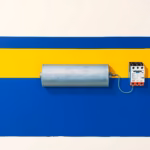 Suprematist abstract painting inspired by Kazimir Malevich featuring a cylindrical electric water heater tank connected to a day and night contactor switch module. Minimalist avant-garde composition built from bold navy blue and vibrant yellow geometric shapes on a stark white background. Flat textures, sharp clean edges, modern electrical energy concept, no humans, no text overlay.