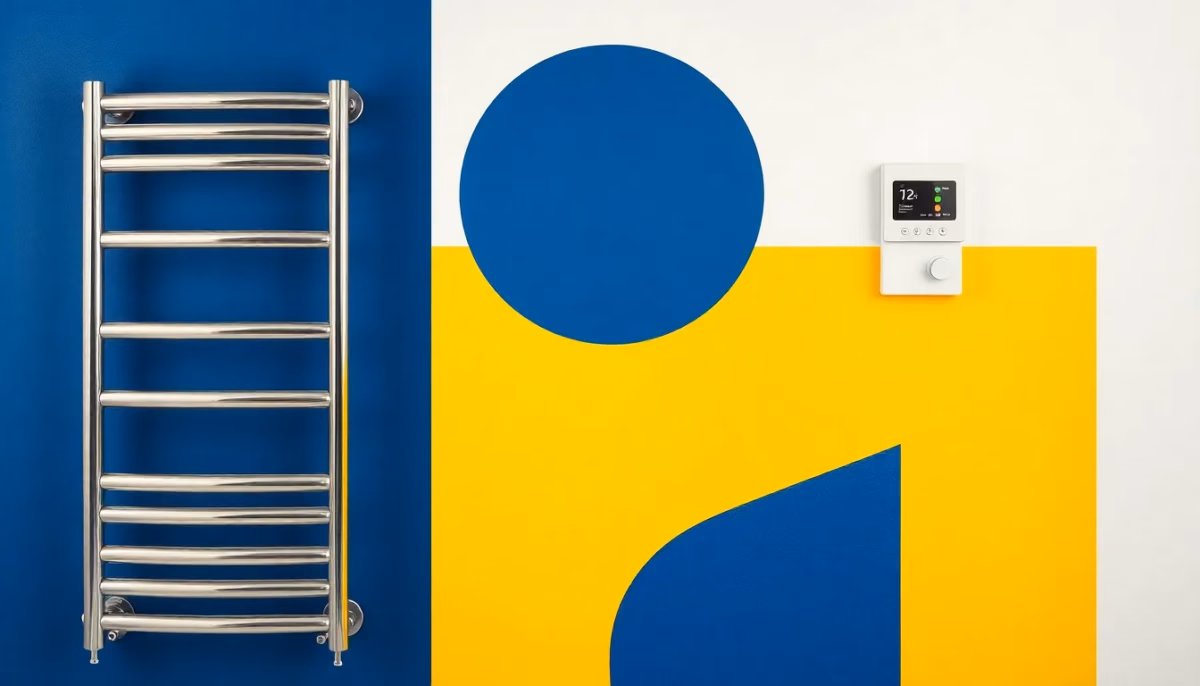 Suprematist abstract painting inspired by Kazimir Malevich, featuring a bathroom heated towel rail and a wall-mounted programmable thermostat. Minimalist composition of bold navy blue and vibrant yellow geometric shapes on a stark white background. Flat textures, sharp edges, avant-garde electrical concept. No humans, no text overlay.
