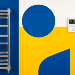 Suprematist abstract painting inspired by Kazimir Malevich, featuring a bathroom heated towel rail and a wall-mounted programmable thermostat. Minimalist composition of bold navy blue and vibrant yellow geometric shapes on a stark white background. Flat textures, sharp edges, avant-garde electrical concept. No humans, no text overlay.