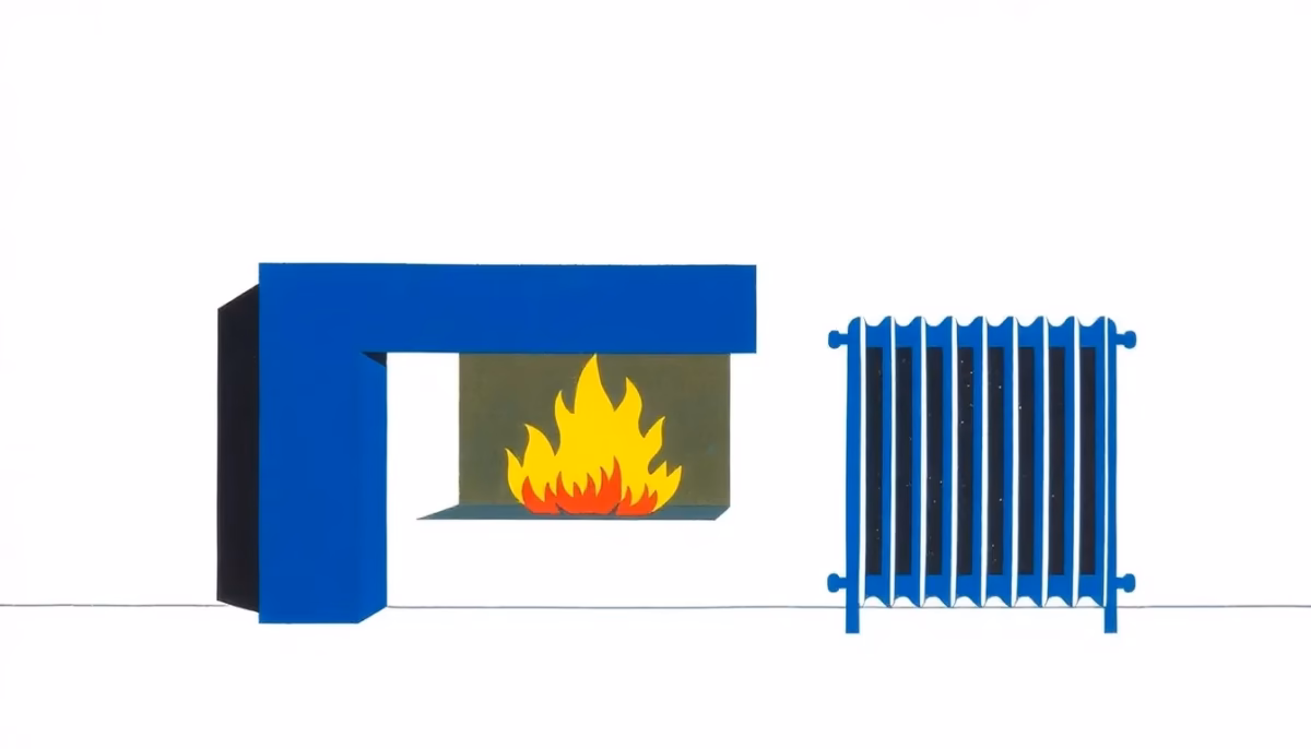 Suprematist abstract painting inspired by Kazimir Malevich featuring an electric fireplace and an inertia radiator side by side. Minimalist composition of bold navy blue and vibrant yellow geometric shapes on a stark white background, with stylized flames built from flat geometric forms. Flat textures, sharp edges, avant-garde electrical heating concept. No humans, no text overlay.
