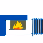 Suprematist abstract painting inspired by Kazimir Malevich featuring an electric fireplace and an inertia radiator side by side. Minimalist composition of bold navy blue and vibrant yellow geometric shapes on a stark white background, with stylized flames built from flat geometric forms. Flat textures, sharp edges, avant-garde electrical heating concept. No humans, no text overlay.