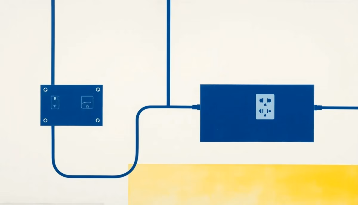 Suprematist abstract painting in the style of Kazimir Malevich depicting a domestic electrical circuit with switches, sockets and a circuit breaker panel connected by bold geometric lines. Minimalist composition of bold navy blue and vibrant yellow geometric shapes on a stark white background. Flat textures, sharp edges, avant-garde electrical concept. No humans, no text.