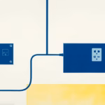Suprematist abstract painting in the style of Kazimir Malevich depicting a domestic electrical circuit with switches, sockets and a circuit breaker panel connected by bold geometric lines. Minimalist composition of bold navy blue and vibrant yellow geometric shapes on a stark white background. Flat textures, sharp edges, avant-garde electrical concept. No humans, no text.