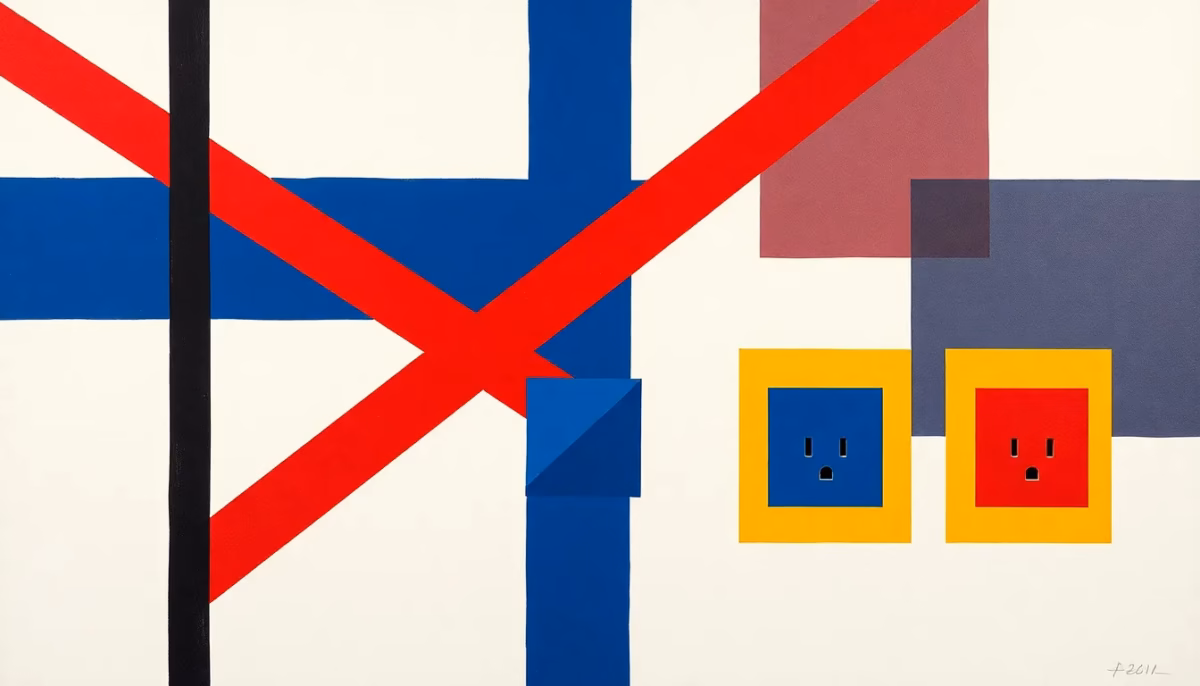 Suprematist abstract painting in the style of Kazimir Malevich featuring crossing electrical wires in black, red and blue, ending in bold geometric socket blocks. Minimalist avant-garde composition of bold navy blue and vibrant yellow geometric shapes on a stark white background. Flat textures, sharp edges, clean flat-color finish, avant-garde electrical concept. No humans, no text, no lettering or overlays of any kind.