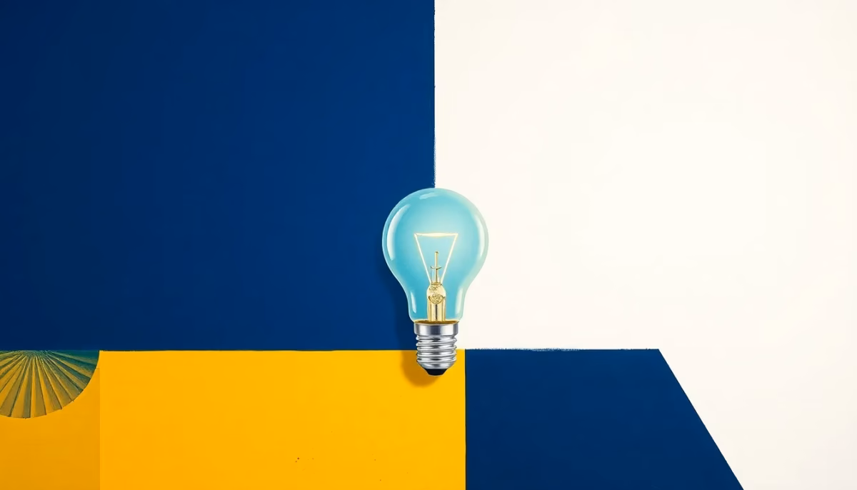 Suprematist abstract painting in the style of Kazimir Malevich, featuring a glowing smart lightbulb surrounded by stylized voice sound waves. Minimalist composition of bold navy blue and vibrant yellow geometric shapes on a stark white background. Flat textures, sharp edges, avant-garde smart home electrical concept. No humans, no text overlay.