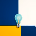 Suprematist abstract painting in the style of Kazimir Malevich, featuring a glowing smart lightbulb surrounded by stylized voice sound waves. Minimalist composition of bold navy blue and vibrant yellow geometric shapes on a stark white background. Flat textures, sharp edges, avant-garde smart home electrical concept. No humans, no text overlay.