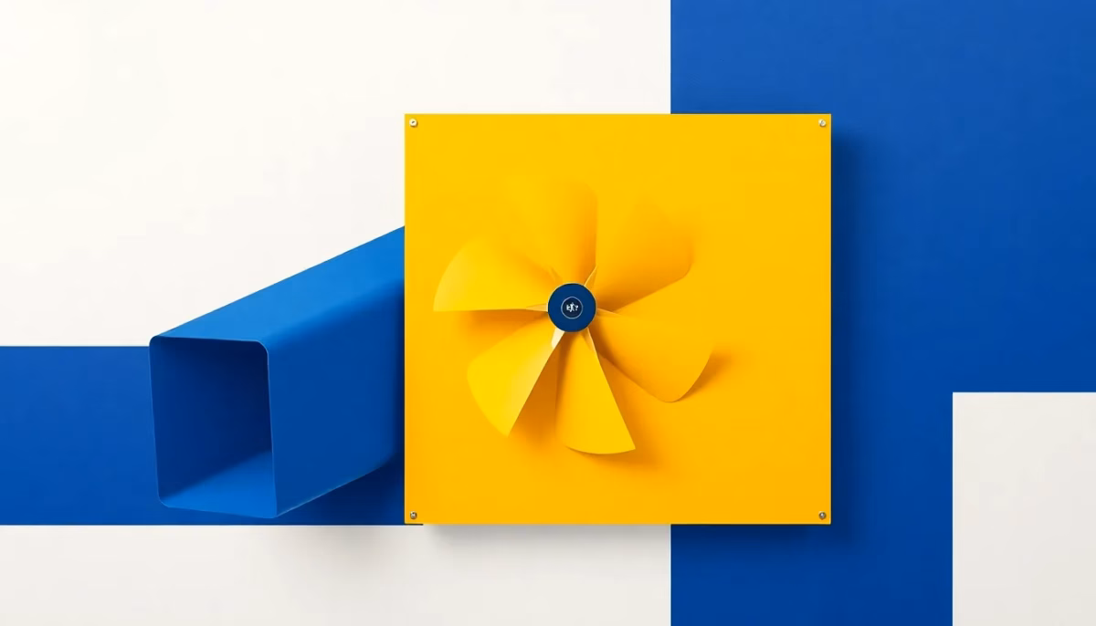 Suprematist abstract painting by Kazimir Malevich featuring a ventilation heat exchanger unit with two crossed duct networks and a rotating fan blade. Minimalist composition of bold navy blue and vibrant yellow geometric shapes on a stark white background. Flat textures, sharp edges, avant-garde electrical concept. ##no humans##, ##no text##