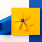 Suprematist abstract painting by Kazimir Malevich featuring a ventilation heat exchanger unit with two crossed duct networks and a rotating fan blade. Minimalist composition of bold navy blue and vibrant yellow geometric shapes on a stark white background. Flat textures, sharp edges, avant-garde electrical concept. ##no humans##, ##no text##