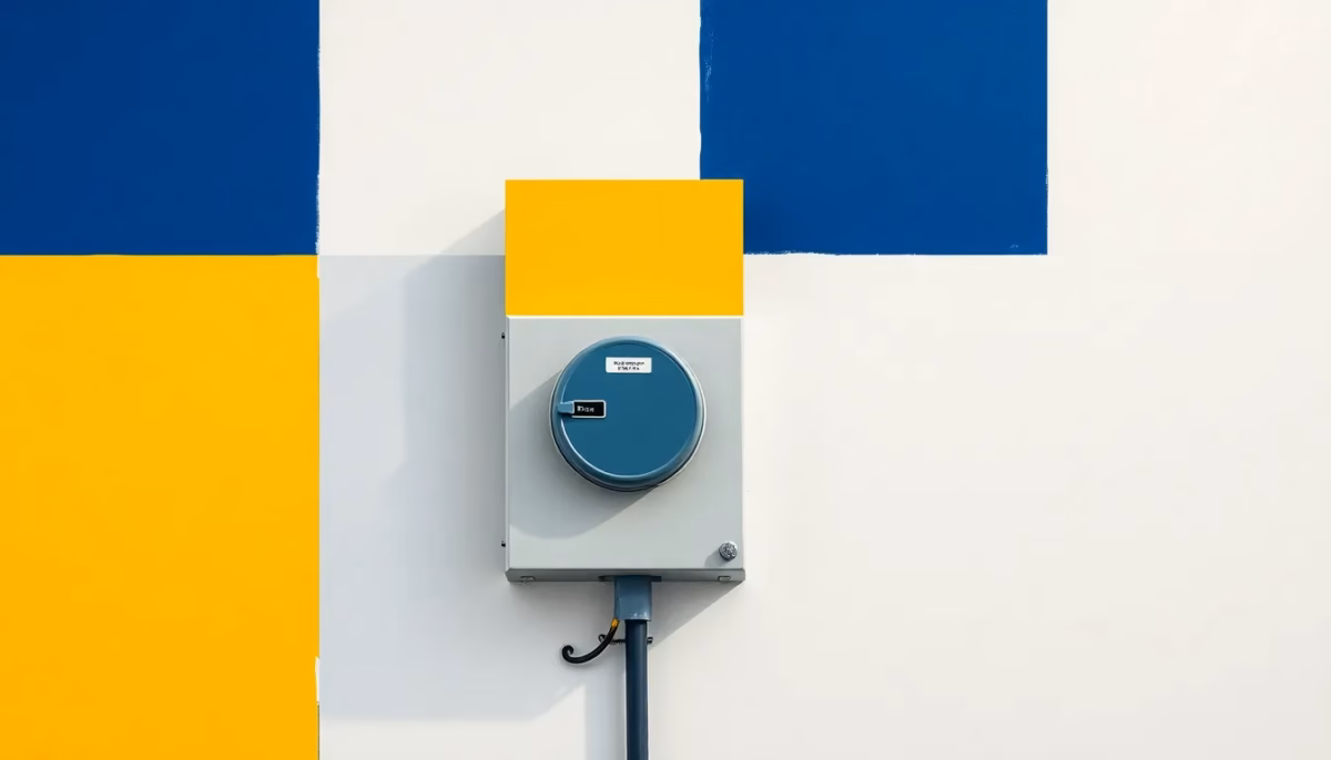 Suprematist abstract painting in the style of Kazimir Malevich featuring a large outdoor electrical meter box with connecting power lines. Minimalist composition of bold navy blue and vibrant yellow geometric shapes on a stark white background. Flat textures, sharp edges, avant-garde electrical concept. No humans, no text, no text overlay.