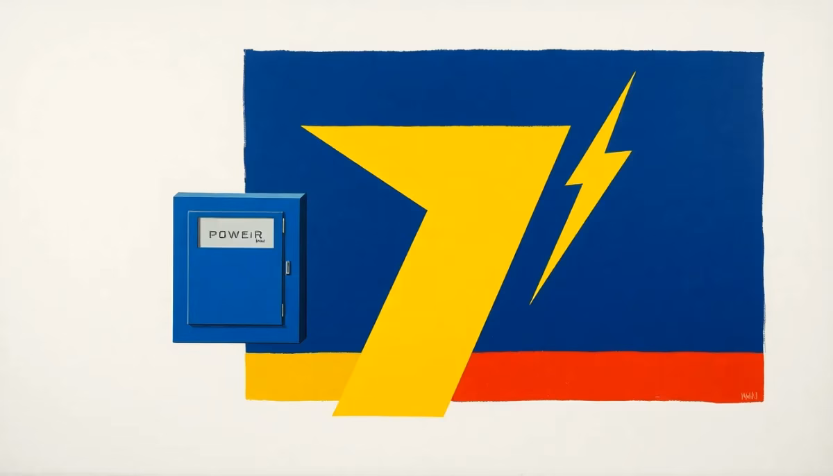 Suprematist abstract painting in the style of Kazimir Malevich featuring a modern smart electricity meter box and a lightning bolt. Minimalist composition of bold navy blue and vibrant yellow geometric shapes on a stark white background. Flat textures, sharp edges, avant-garde electrical energy concept. No humans, no text overlay.