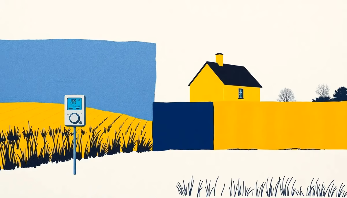 Suprematist abstract painting inspired by Kazimir Malevich featuring a modern smart electricity meter and a rural French countryside house. Minimalist composition of bold navy blue and vibrant yellow geometric shapes on a stark white background. Flat textures, sharp edges, avant-garde electrical concept, clean graphic illustration style. No humans, no text, no letters, no numbers.