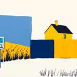 Suprematist abstract painting inspired by Kazimir Malevich featuring a modern smart electricity meter and a rural French countryside house. Minimalist composition of bold navy blue and vibrant yellow geometric shapes on a stark white background. Flat textures, sharp edges, avant-garde electrical concept, clean graphic illustration style. No humans, no text, no letters, no numbers.