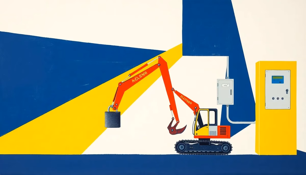 Suprematist abstract painting inspired by Kazimir Malevich featuring a construction mini-excavator locked by a large padlock next to a temporary electric meter and an alarm box. Minimalist composition of bold navy blue and vibrant yellow geometric shapes on a stark white background. Flat textures, sharp edges, avant-garde electrical security concept. No humans, no text overlay.