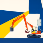 Suprematist abstract painting inspired by Kazimir Malevich featuring a construction mini-excavator locked by a large padlock next to a temporary electric meter and an alarm box. Minimalist composition of bold navy blue and vibrant yellow geometric shapes on a stark white background. Flat textures, sharp edges, avant-garde electrical security concept. No humans, no text overlay.