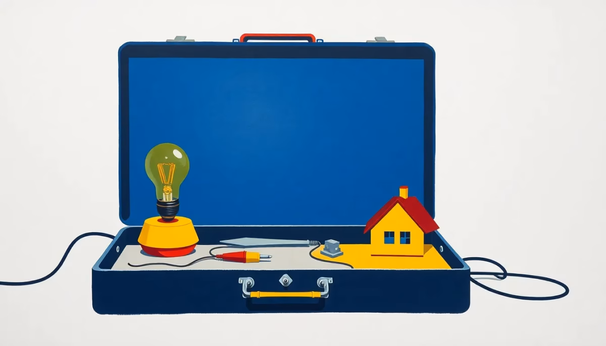 Suprematist abstract painting in the style of Kazimir Malevich featuring an electrician tool case, a glowing light bulb, power plugs and a small village house crossed by wires. Minimalist composition of bold navy blue and vibrant yellow geometric shapes on a stark white background. Flat textures, sharp edges, avant-garde electrical concept. No humans, no text.
