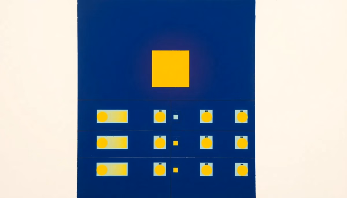 Suprematist abstract painting inspired by Kazimir Malevich featuring a stylized electrical distribution panel with rows of circuit breakers and a single glowing fault indicator. Minimalist composition of bold navy blue and vibrant yellow geometric shapes on a stark white background. Flat textures, sharp edges, avant-garde electrical concept. No humans, no text, no text overlay.