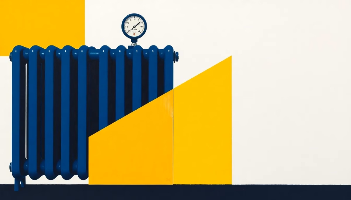 Suprematist abstract painting in the style of Kazimir Malevich featuring a cast-iron radiator, a round pressure gauge and a boiler valve. Minimalist composition of bold navy blue and vibrant yellow geometric shapes on a stark white background. Flat textures, sharp edges, avant-garde heating maintenance concept. No humans, no text overlay.