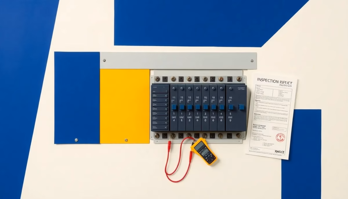 Suprematist abstract painting inspired by Kazimir Malevich featuring a domestic electrical panel with rows of circuit breakers, a handheld multimeter and a stamped inspection report. Minimalist composition of bold navy blue and vibrant yellow geometric shapes on a stark white background. Flat textures, sharp edges, avant-garde electrical concept, no humans, no text overlay.