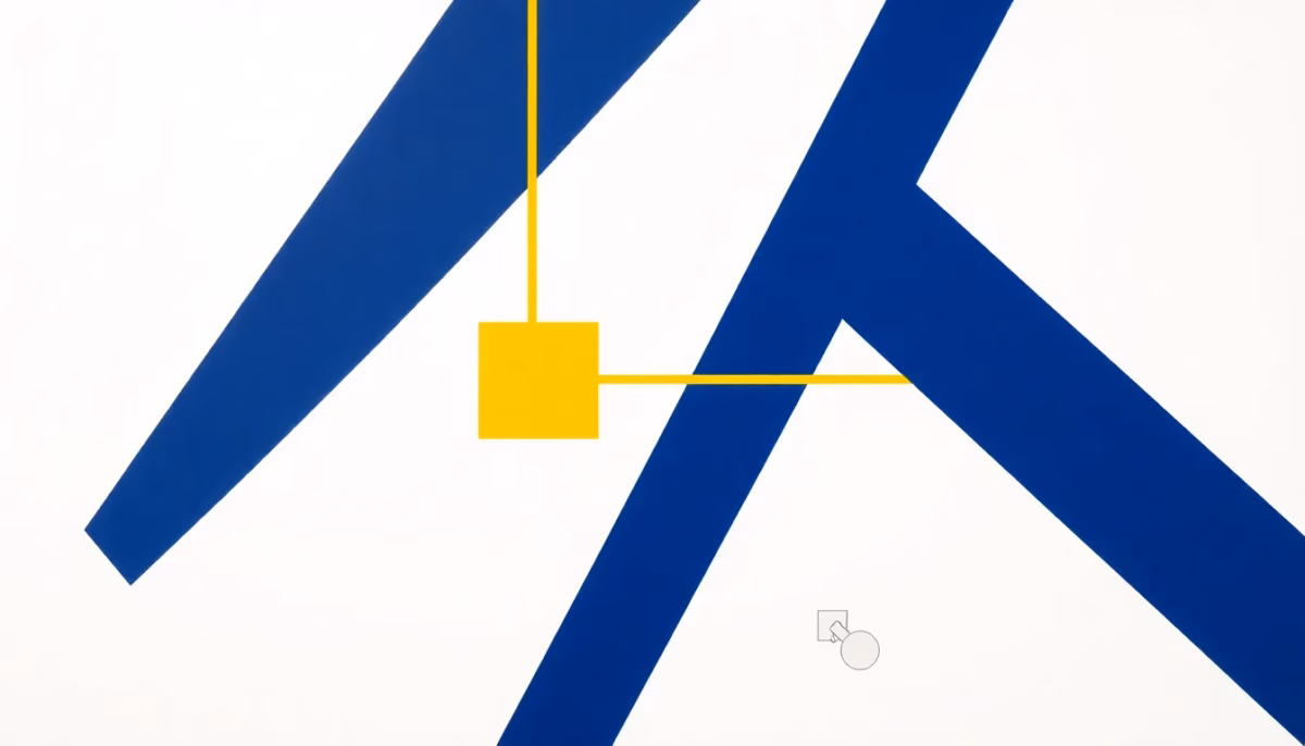 Suprematist abstract painting inspired by Kazimir Malevich: three bold navy blue geometric wire lines converging into one single vibrant yellow circuit line, with abstracted shapes evoking an electricity meter and a circuit breaker. Minimalist flat composition of bold navy blue and vibrant yellow geometric forms on a stark white background, flat textures, sharp edges, avant-garde electrical concept. No humans, no text.